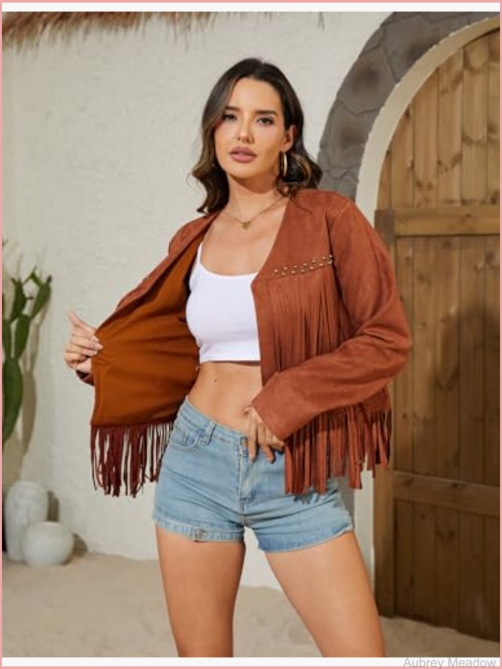 Oversized Fringe Cropped Faux Suede Western Cowgirl Motorcycle Coat with Pockets - Picture 4 of 7